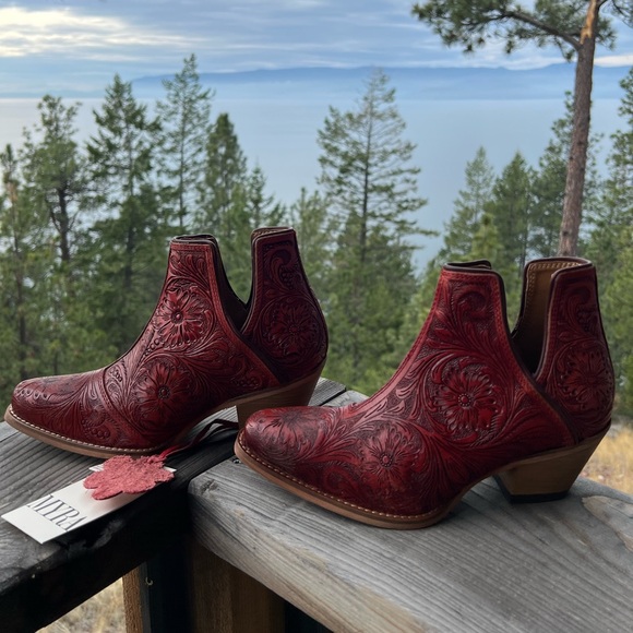 🌶️Scarlet Hand Tooled Genuine Leather Women Bootie Cowboy Boot Boho Western Red - Picture 4 of 16